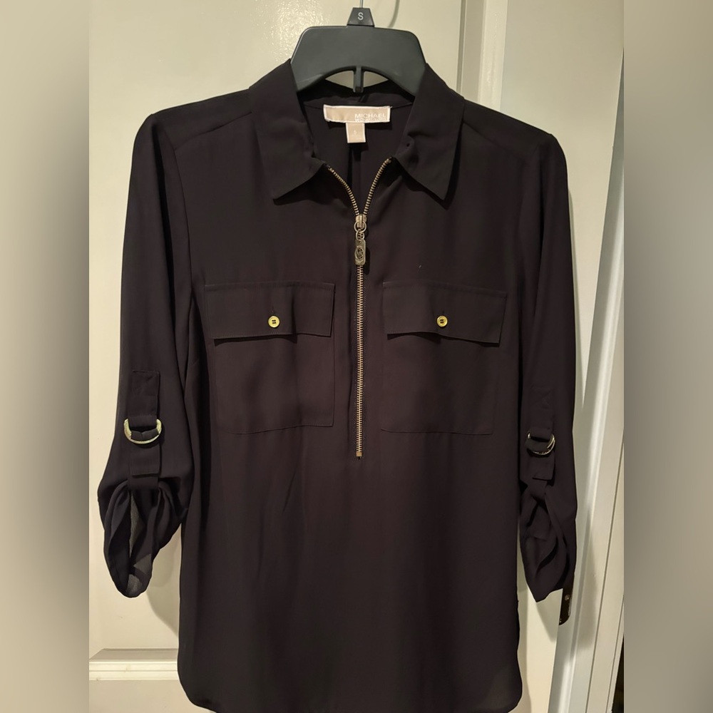 Michael Kors Zip Front Roll Tab Sleeve Blouse Black Small